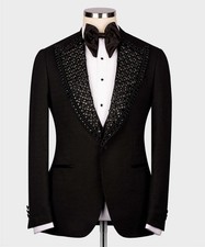 Men Beaded Suit Crystals Jacket Single Breasted Peak Lapel Party Custom Wedding