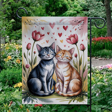 Happy Valentine's Day Garden Flag Cats Couple Hearts Floral Outdoor Yard Decor