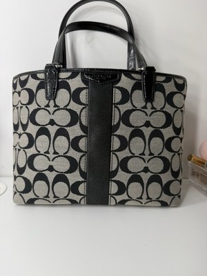 Coach Signature Logo Satchel Top Handle Bag Black/Beige Silver Hardware