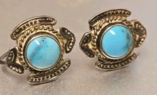 Vintage Fred Harvey Era Sterling Stampwork Turkusowe kolczyki wkręcane C24