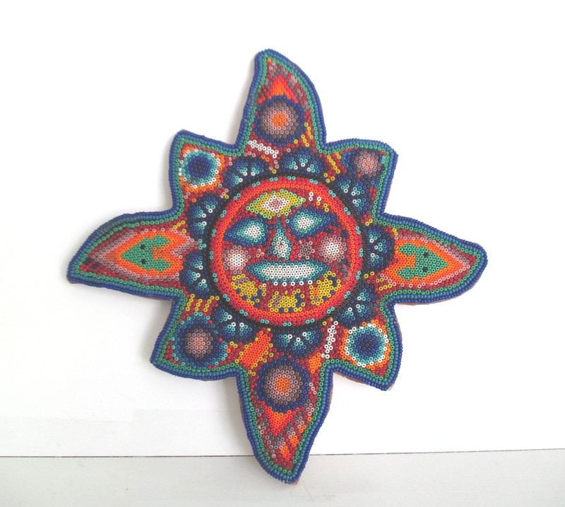 Vintage Huichol Mexican Folk Art Hand Beaded Sun Wall Hanging Wooden Backing 10”