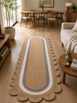 Tapis ovale en jute bord festonné tapis tressé à la main tapis boho ferme - Photo 1/4