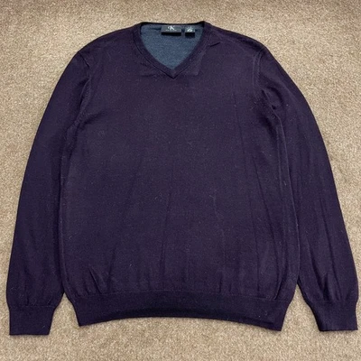 Pull homme Calvin Klein bleu marine en laine mérinos col V L/XL coupe... - Photo 1/4