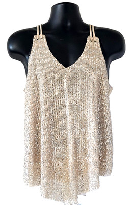 LAVISH Womens Sequin Top SIZE L Spaghetti Straps V-Neck Beige Polyester Spandex