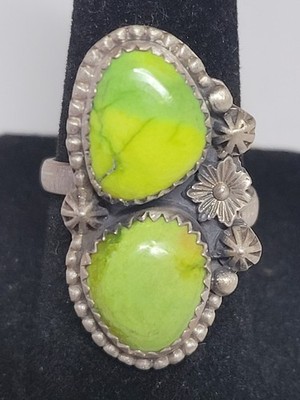 Gaspeite two stone adjustable ring with flower detail -  SS 925 - handmade