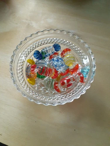 Hand Blown Glass Art Wrapped Candy. 11 Pieces Vintage!!Murano Glass.W/Candy Dish