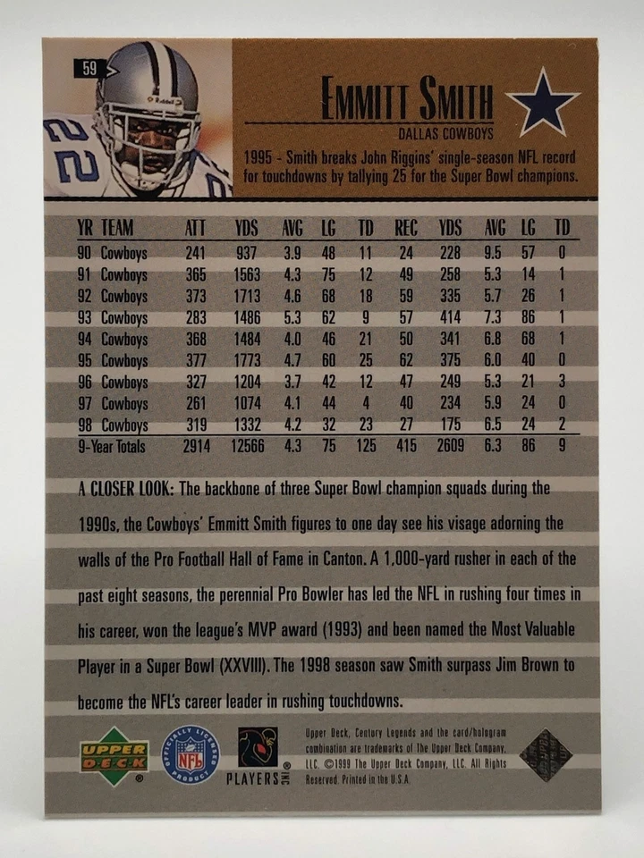 Emmitt Smith 1999 Upper Deck Century Legends #59  Dallas Cowboys (Slight Damage) - Image 3 of 3