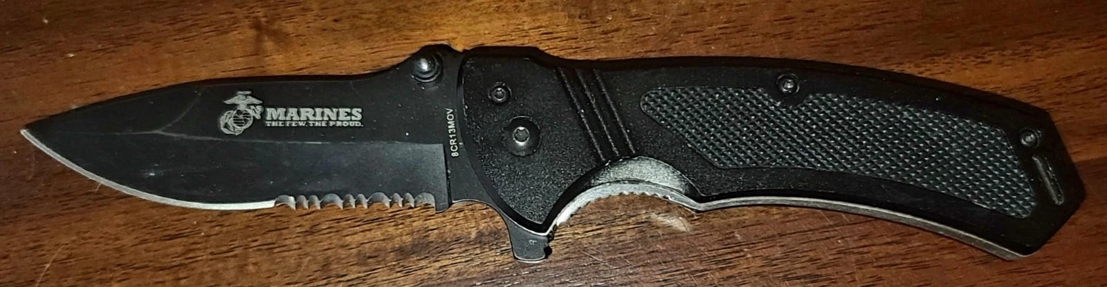 USMC Marines A/O Folding Knife 4" Part Serrated Stainless Blade Aluminum Handle