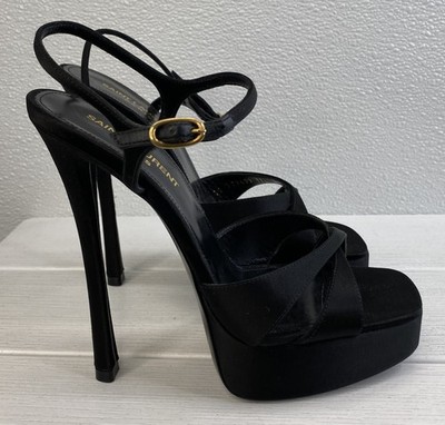 Saint Laurent Debbie 110 Platform Sandals Womens US7.5 EU37.5 Satin Crepe Black