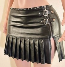 SHEIN BLACK STUDDED LEATHER LOOK SIDE ZIP  BUCKLES MINI SKIRT STRETCHY L NWOT