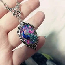 Peacock Ornate Silver Necklace Bird Jewelry Vintage Silvery Pendant