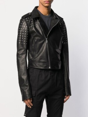 + RICK OWENS Cropped Stooges + BIKER Calf Leather Black Jacket (IT50 - M/L) +