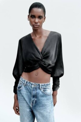 Zara Womens Top S Black Surplice Tie Knot Blouse Ruched