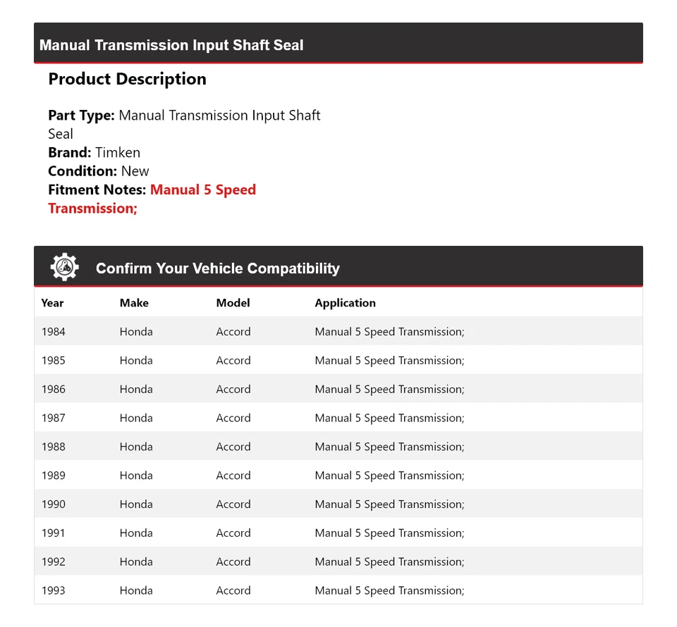 Sello de eje de entrada de transmisión manual para Honda Accord 1984-1993 Timken 1985 1986 Foto 2 de 4