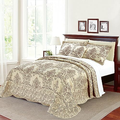 Damask 4 Piece Bedspread Set,Scalloped Edge Reversible Quilt 120" x 120