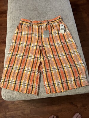 ENYCE CLOTHING Men’s Orange/Yellow/Khaki Plaid Bermuda Shorts Sz 32 NWT  Y2K