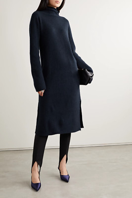 New $1150 The Row Moa Ribbed Cashmere Sweater Dress in Dark Navy sz S