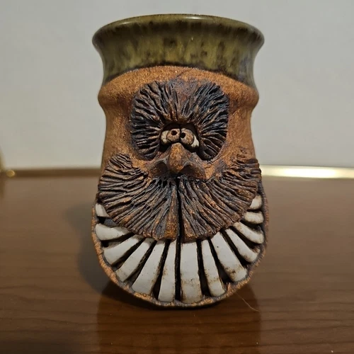 Vintage Hand Made Stoneware UGLY FACE MUG Moustache Man Teeth Signed PC