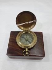 Antique Push Button Compass Collectible Solid Brass With Brown Plain  Wooden Box