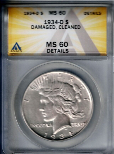 1934-D Denver unzirkulierter Frieden Silberdollar zertifiziert ANACS MS60 - Bild 1 von 3