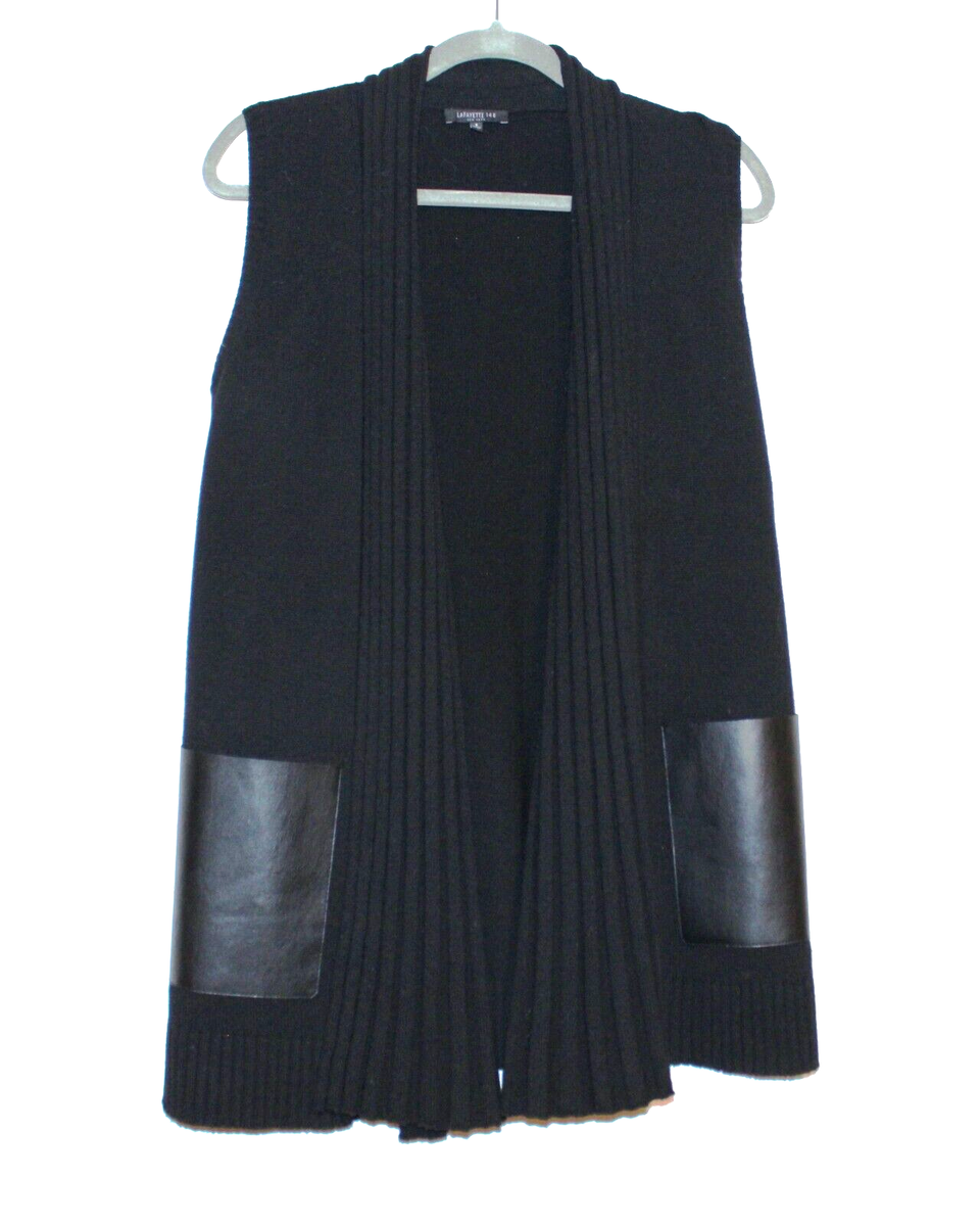 Lafayette 148 New York Womens Small Black Faux Leather Pocket Wool Vest  $548+