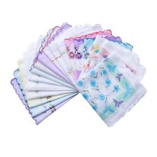 Womens Girls Cotton Handkerchiefs Assorted with Wavy Edge Floral Hankies 10PCS