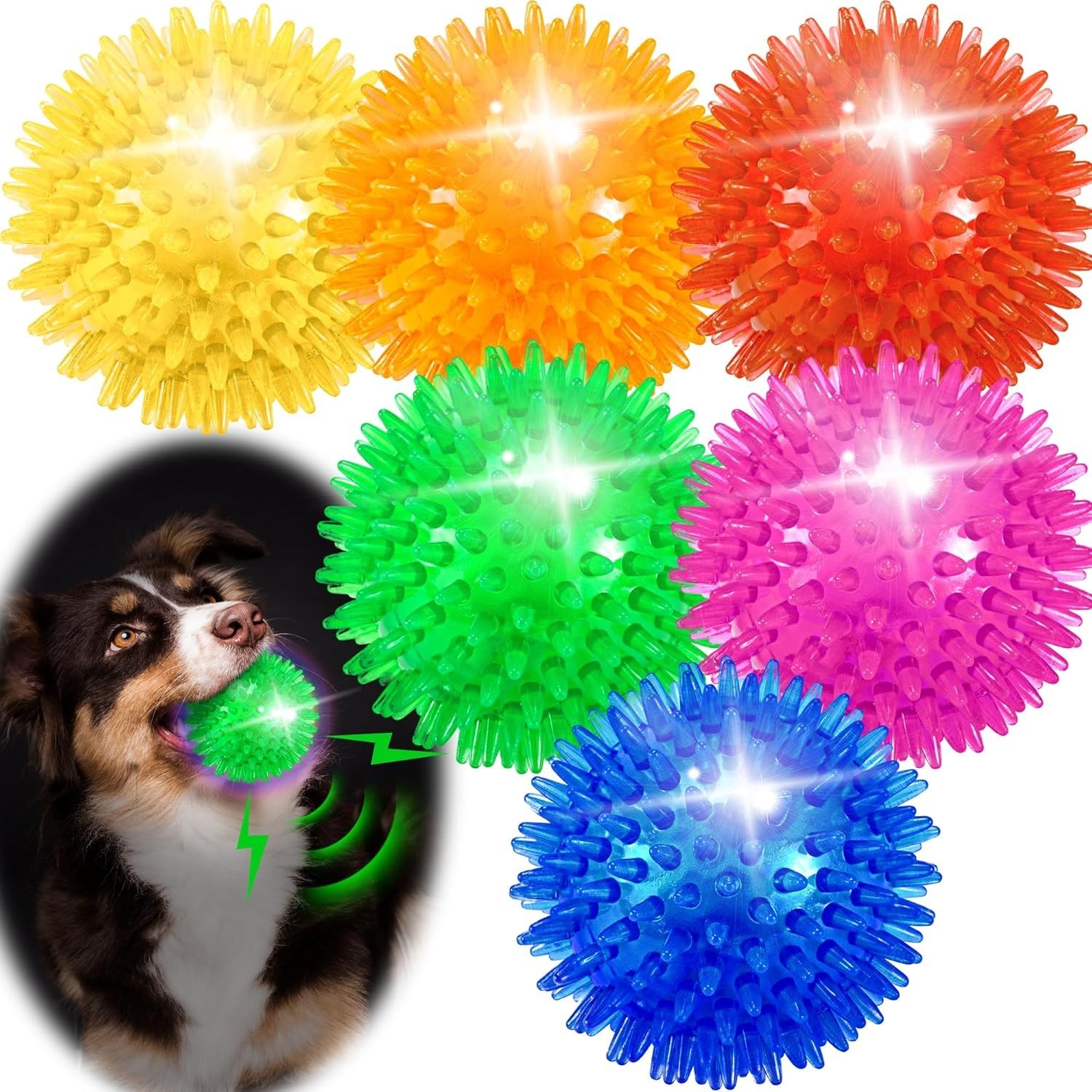 [6 Pack] Light Up Spiky Squeaky Dog Balls &ndash; Glowing Chew Toy - LED Spiky Balls