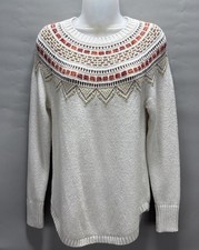 Loft Sweater Womens M Cream Metallic Fair Isle Nordic Cotton Wool Blend Pullover