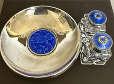 Vintage Ottar Hval Norway 830 Silver Enamel Dish And Sterling Silver Salts NR