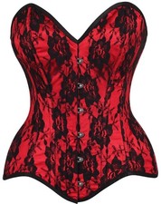 Daisy Corset Top Drawer Red Satin Black Lace Overlay Steel Bone Overbust Bustier