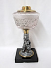 ANTIQUE VICTORIAN COMPOSITE OIL LAMP MAN & DOG FIGURAL STEM, EAPG GLASS FONT — photo 1