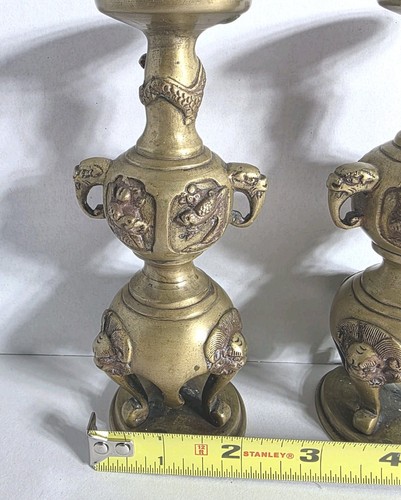 Pair of Vintage Brass Japanese Candleholders W/Different Animals Carved - Picture 22 of 24