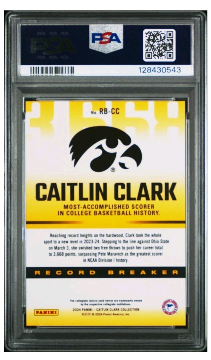 2024 Caitlin Clark Collection  Record Breaker Caitlin Clark #RB-CC PSA 10 RC view 2