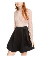 B DARLIN Womens Fit + Flare Short Dress Pink Long Sleeve Mock Juniors 910