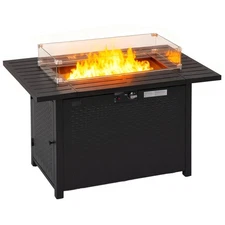43 Inch Outdoor Propane Fire Pit Table with Glass Wind Guard, Rectangular Patio