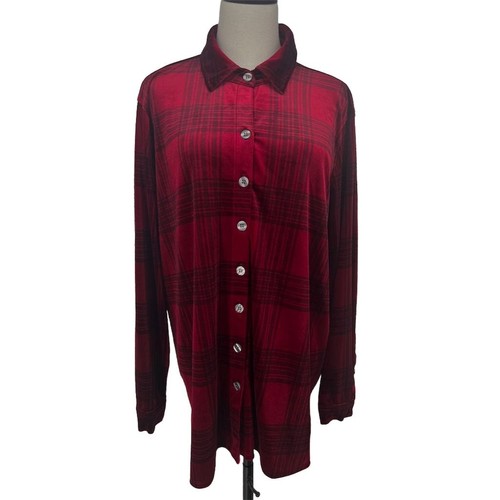 Neu mit Etikett John Mark Damen XL rot kariert Samt Knopfleiste Tunika Shirt Top