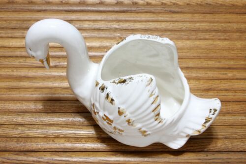 Swan Planter Vase American Bisque Co USA Pottery White With 22 KT Trim Vintage - Picture 4 of 7