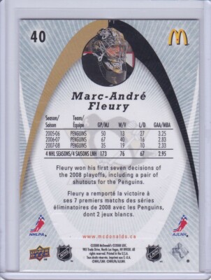 Marc-Andre Fleury 2008 Upper Deck McDonald's Card 40 | eBay