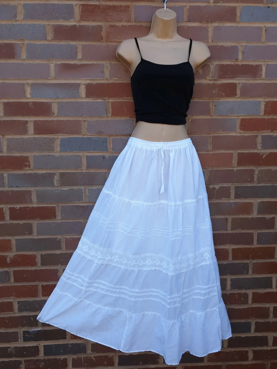 Cotton Boho Maxi Skirt Lace Summer Lined Hippie WHITE One Size 8 10 12 14 16 18