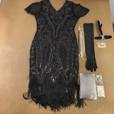 Women's Large Black Silver Sequin Fringe Flapper Dress Accessory Set 9 Pieces