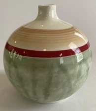 Fitz and Floyd ~ Striped Round Bud Vase ~ Tan Red Green ~ 6"