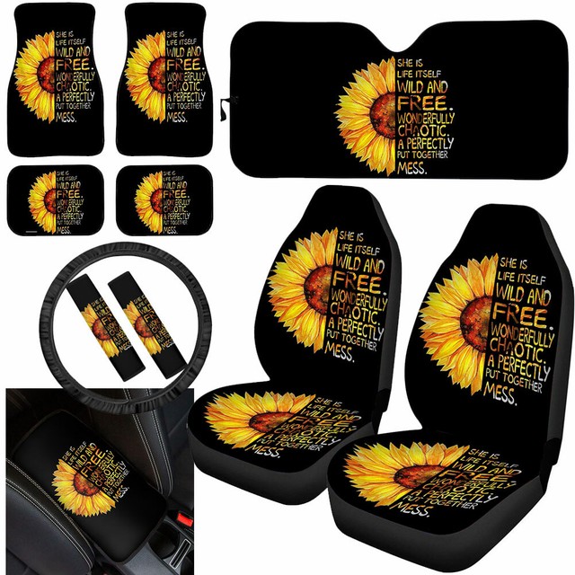 Women's Sunflower Car Full Set Seat Cover+Sun Visor+Floor Mats+Armrest