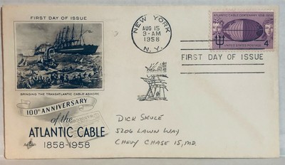 FDC - 100th Anniversary Atlantic Cable 8-15-1958 One 4 Cent Stamp - New York