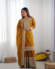 Pakistani Style Chinon Silk Sharara Suit With Dupatta For Women Eid Party Wear