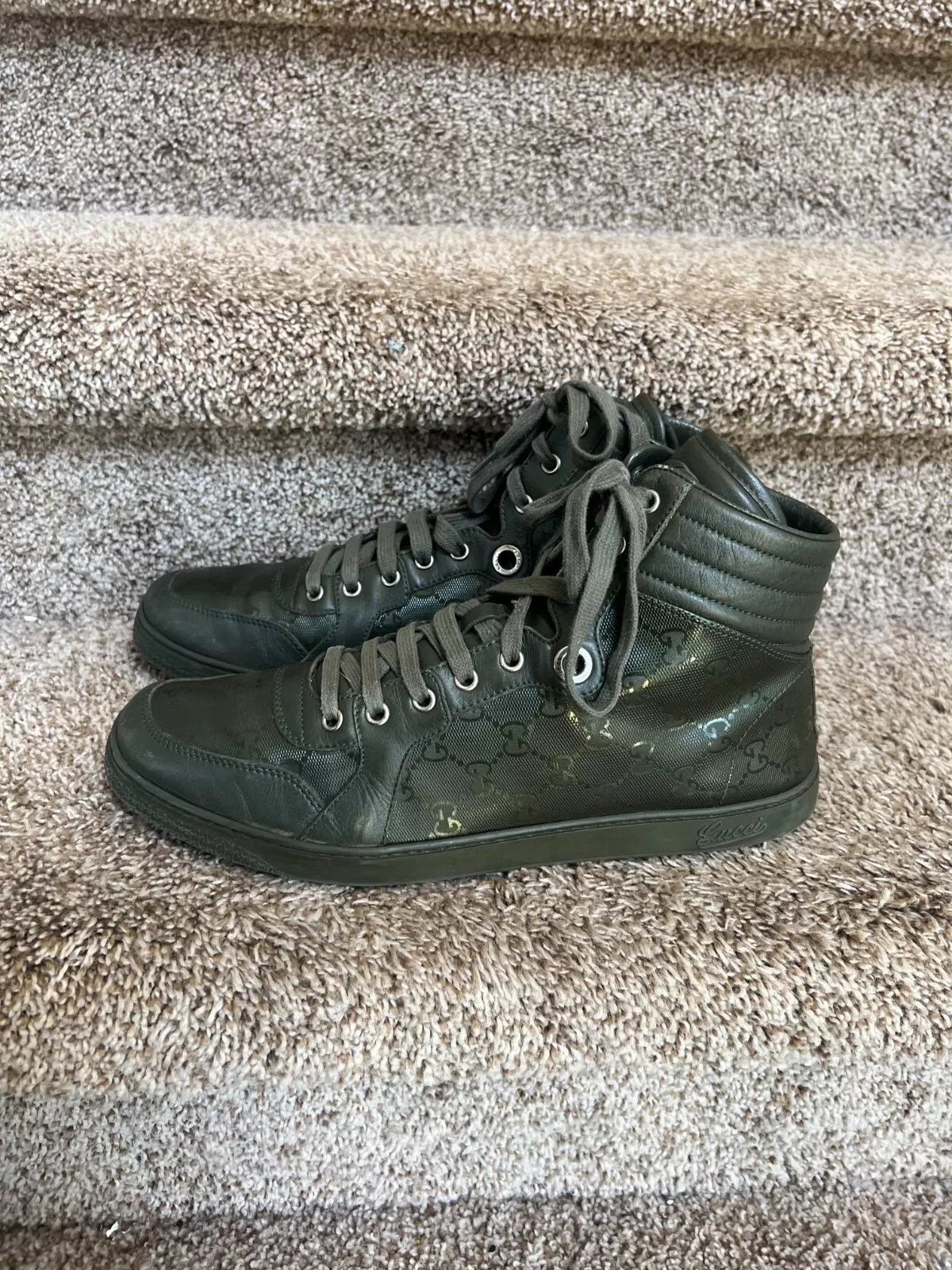 Baskets montantes en cuir homme Gucci Olive GG Plus. Taille UK 10 G / US 11.