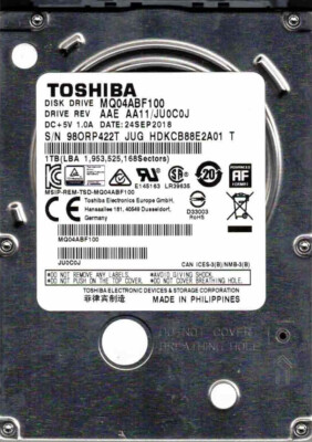 MQ04ABF100,  AAE AA11/JU0C0J,  HDKCB88E2A01 T,  JUG, TOSHIBA SATA 1TB SEP 2018