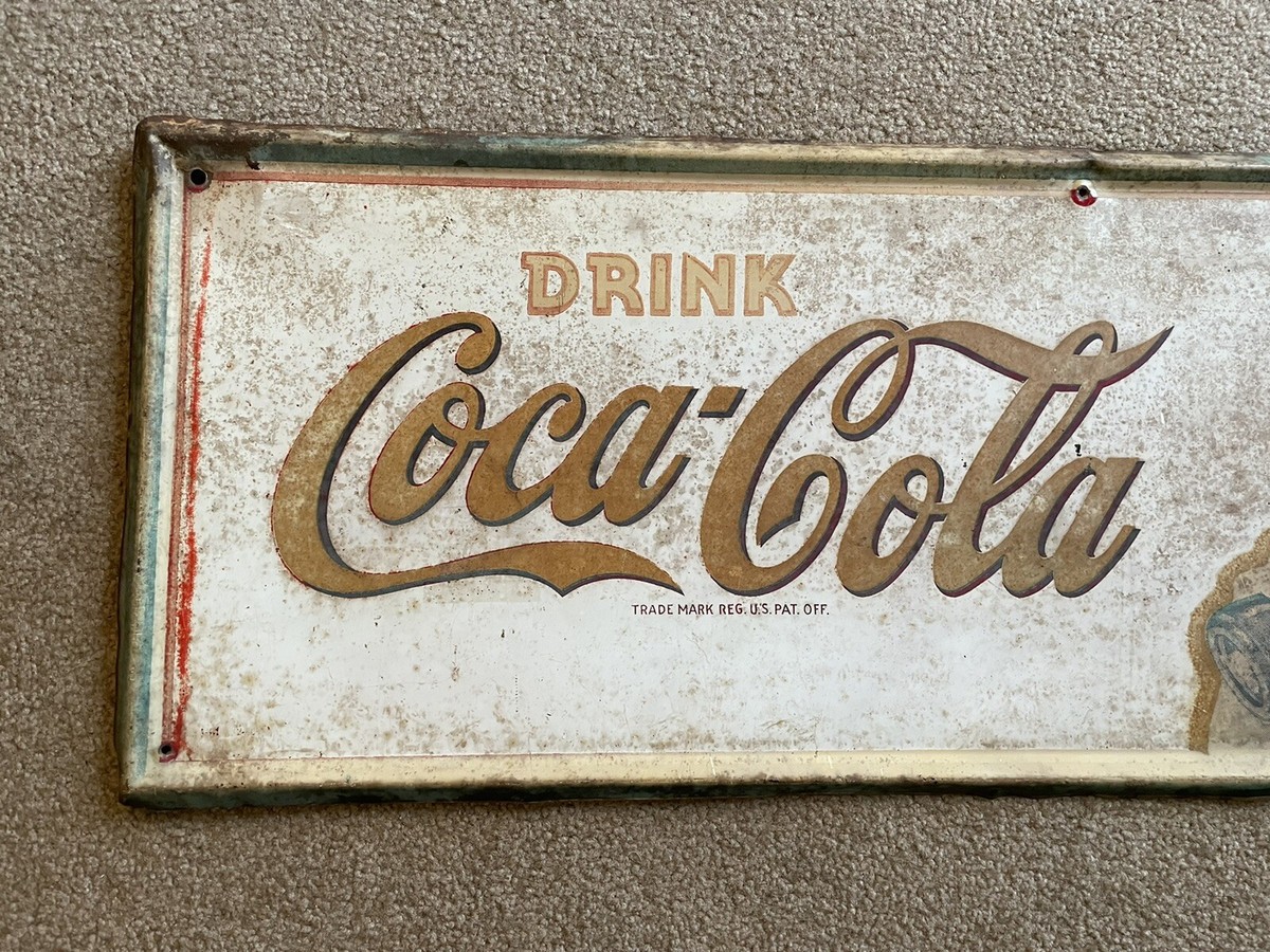 VINTAGE ORIGINAL 1940's WOMAN DRINK COCA COLA METAL SIGN 34”X12