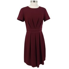 Trina Turk Fit Flare Dress Wine Pleated Short Sleeve Zip Back A Line Womens 8