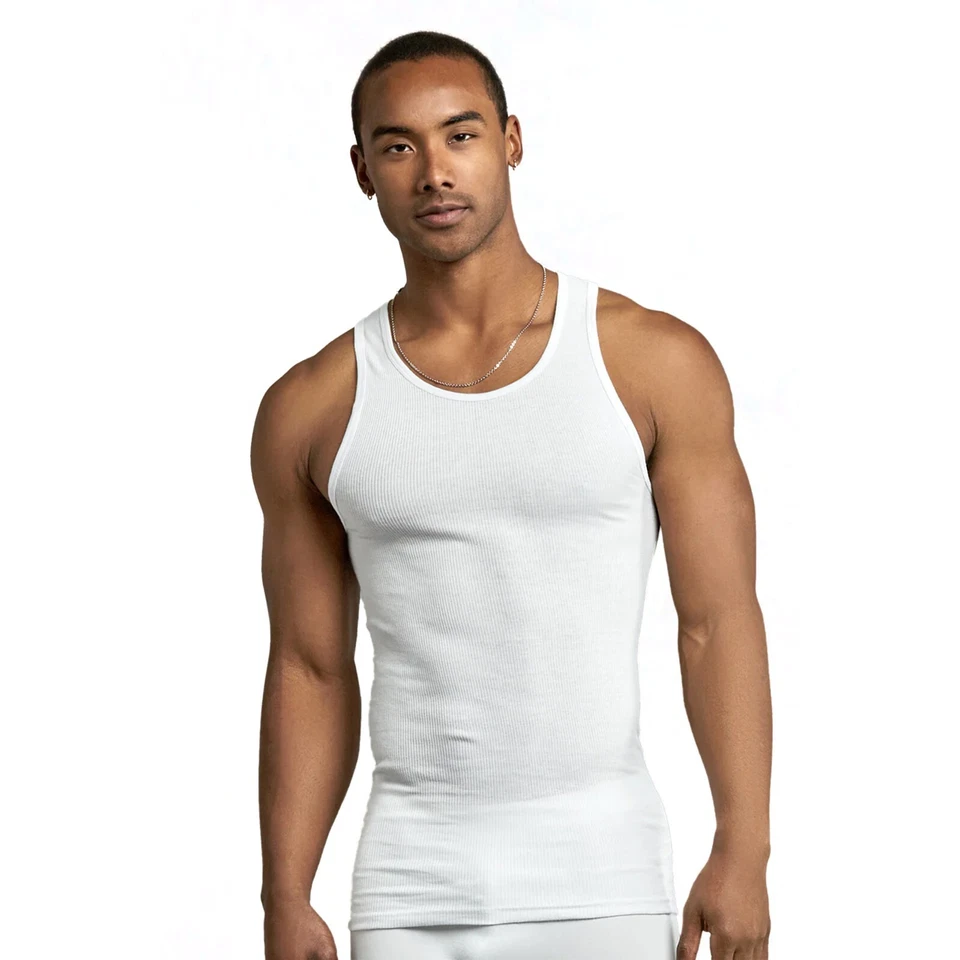 Paquete de 3, 6 camisetas sin mangas acanaladas 100 % algodón para hombre negras blancas esposa batidora Foto 3 de 4