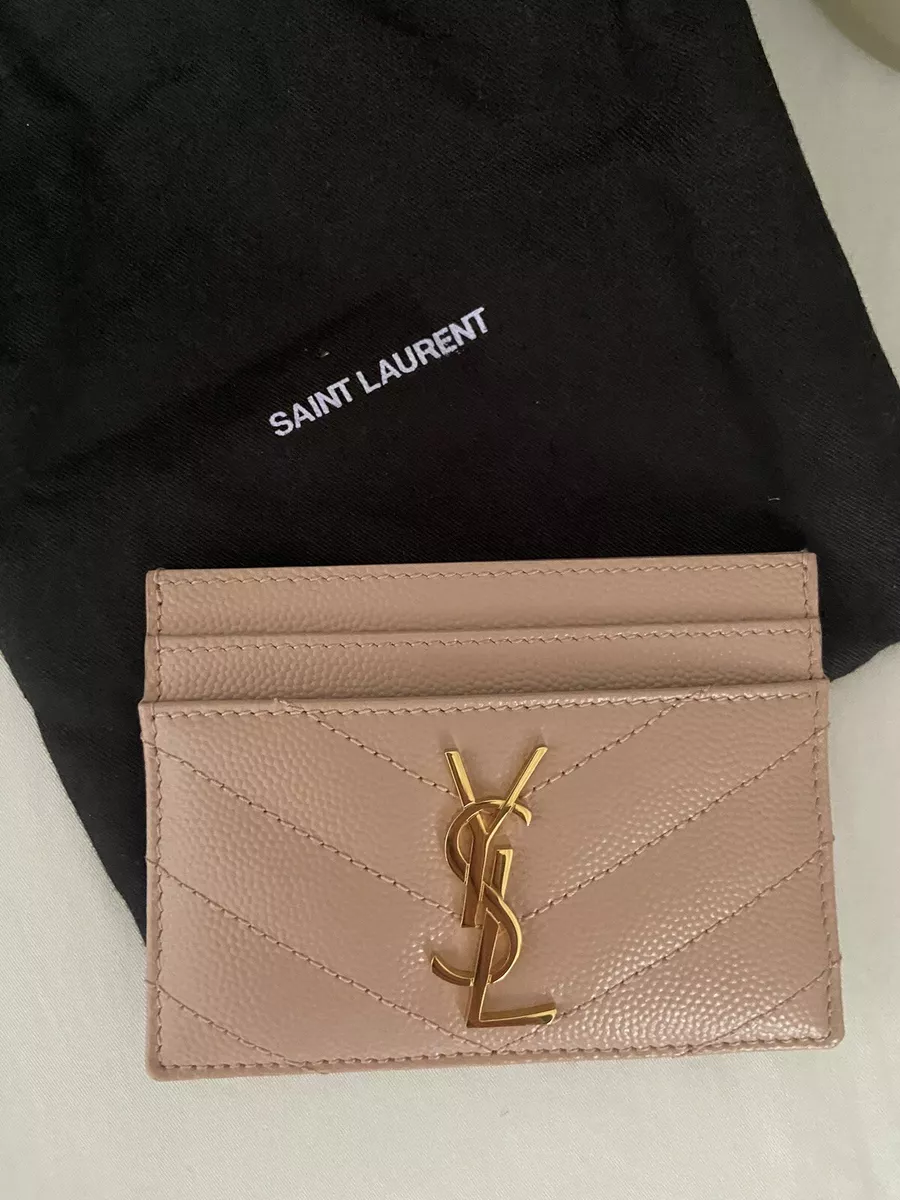 Yves Saint Laurent Monogram Card Case Grain Embossed Leather Pale Pink Gold YSL